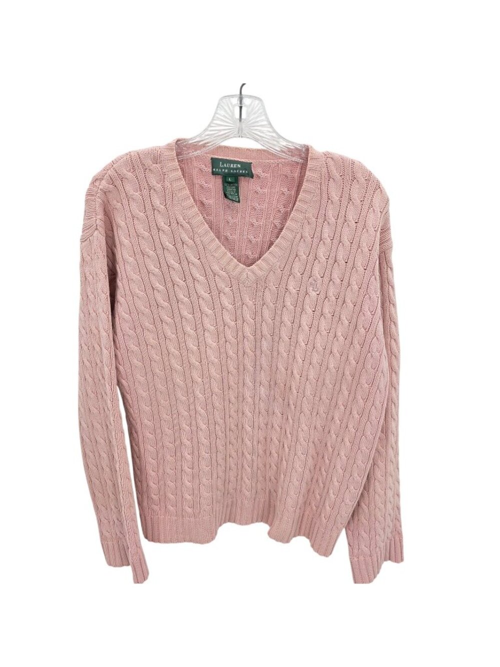 Lauren Ralph Lauren Sweater Womens L Pink Cable Knit Cotton Pullover Preppy 90s